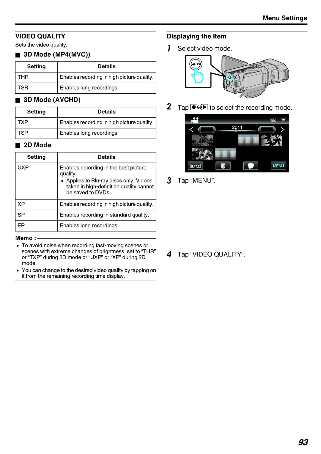 JVC GY-HMZ1E, GY-HMZ1U manual Tap Menu Tap Video Quality 