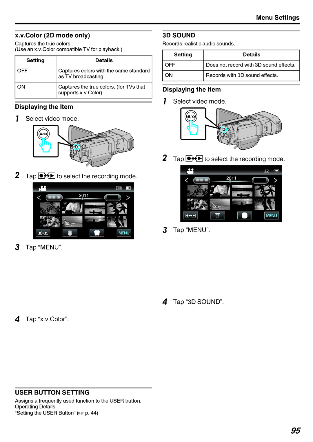 JVC GY-HMZ1E, GY-HMZ1U manual Menu Settings Color 2D mode only Captures the true colors, 3D Sound, Tap Menu Tap x.v.Color 