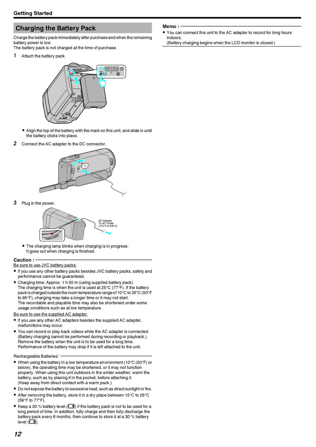 JVC GZ-E10, GZ-HM40 manual Charging the Battery Pack 