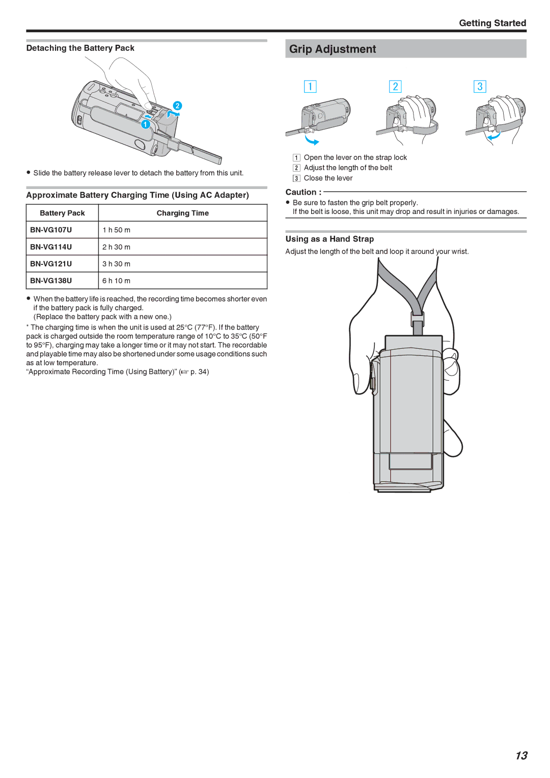 JVC GZ-HM40, GZ-E10 manual Grip Adjustment, Detaching the Battery Pack, Approximate Battery Charging Time Using AC Adapter 