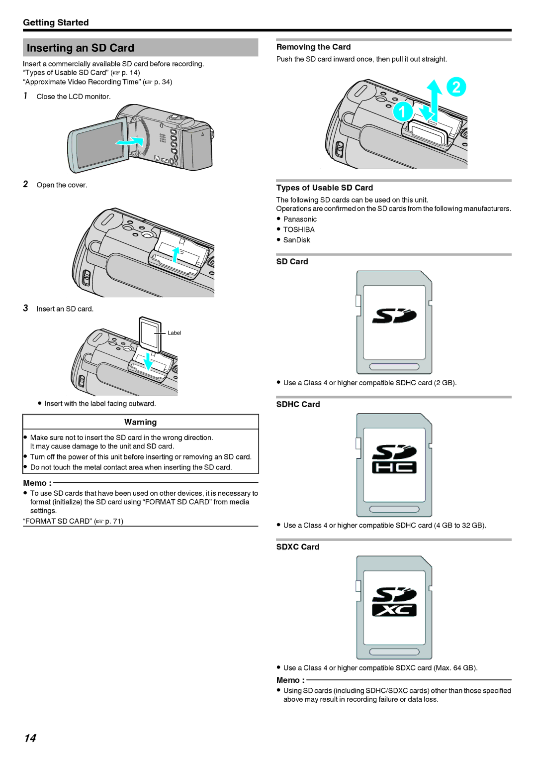 JVC GZ-E10, GZ-HM40 manual Inserting an SD Card 