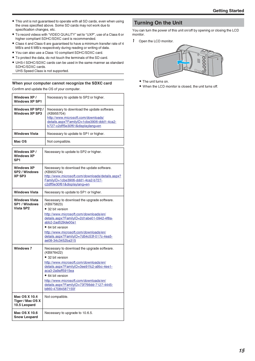 JVC GZ-HM40, GZ-E10 manual Turning On the Unit, When your computer cannot recognize the Sdxc card 