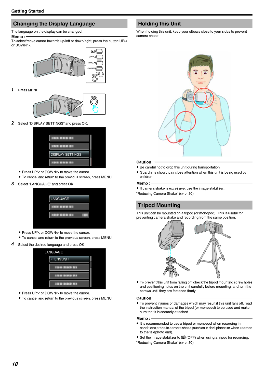 JVC GZ-E10, GZ-HM40 manual Changing the Display Language, Holding this Unit, Tripod Mounting 