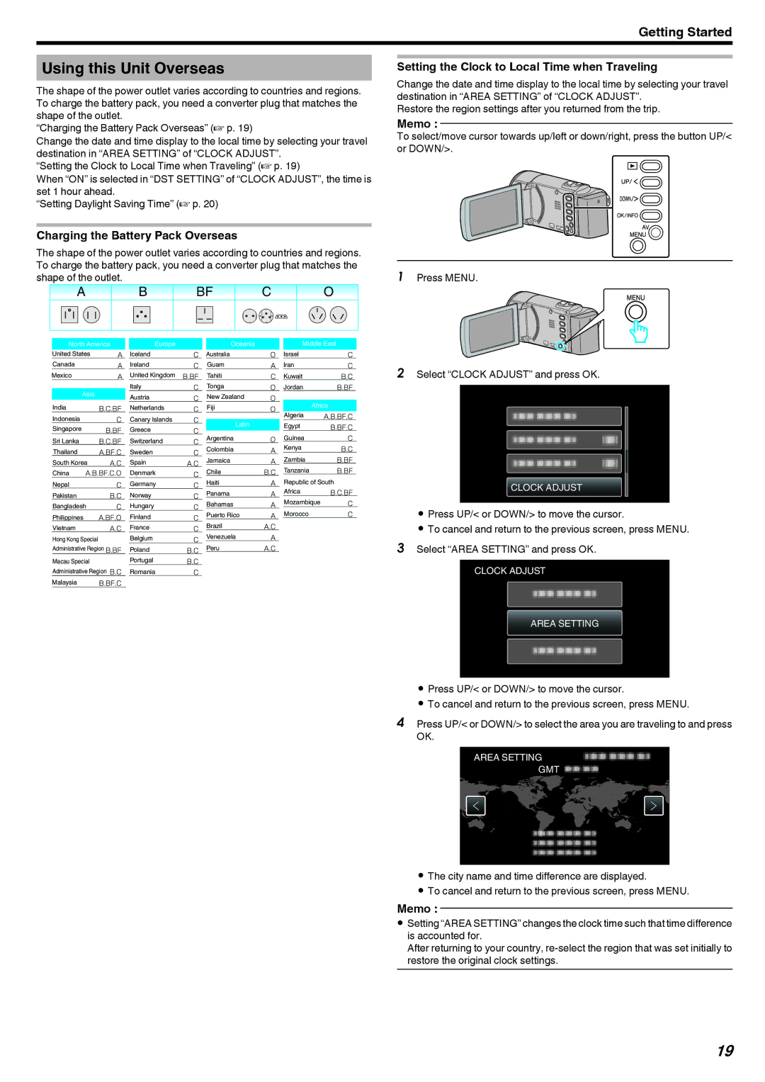 JVC GZ-HM40 Using this Unit Overseas, Charging the Battery Pack Overseas, Setting the Clock to Local Time when Traveling 