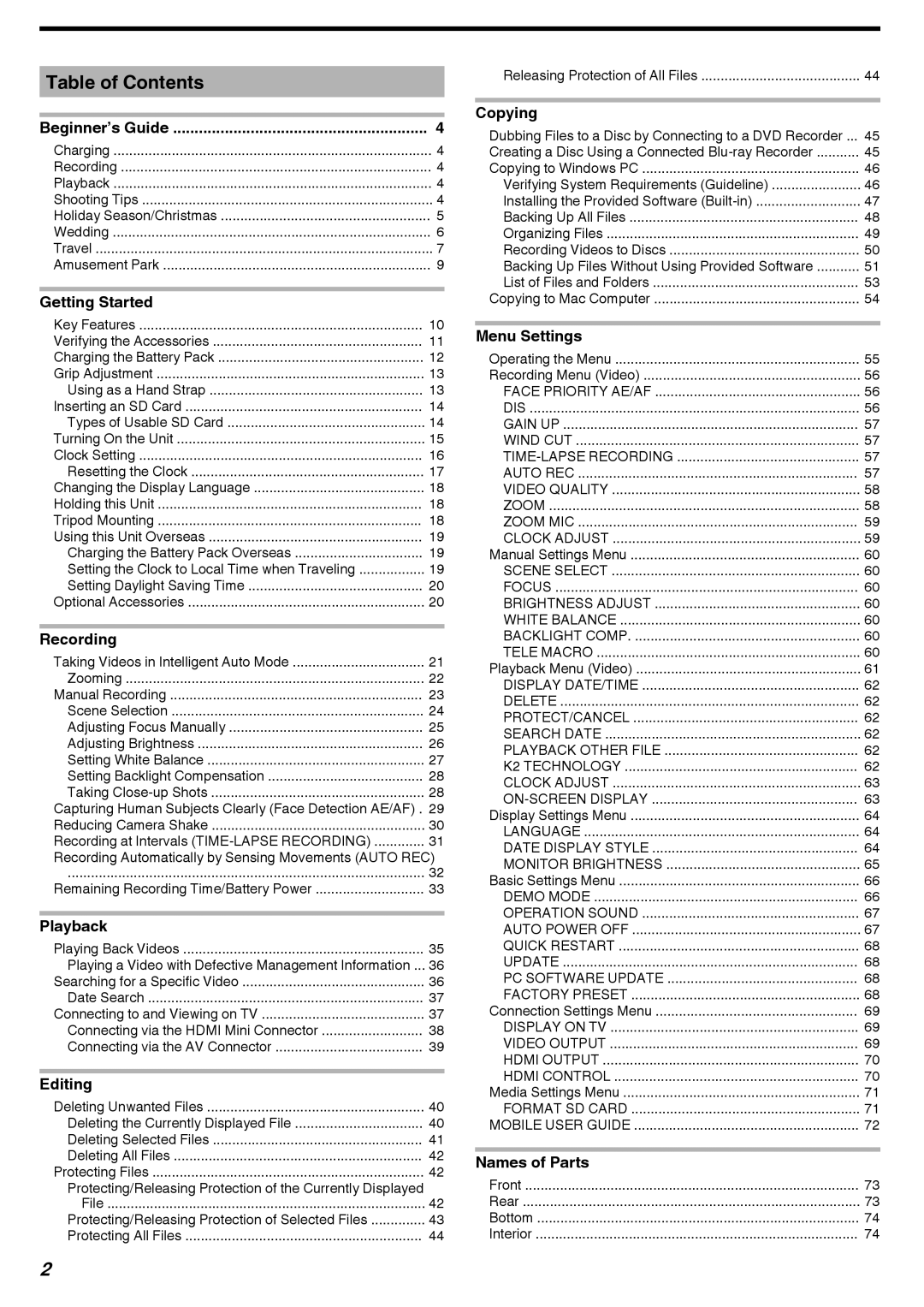 JVC GZ-E10, GZ-HM40 manual Table of Contents 