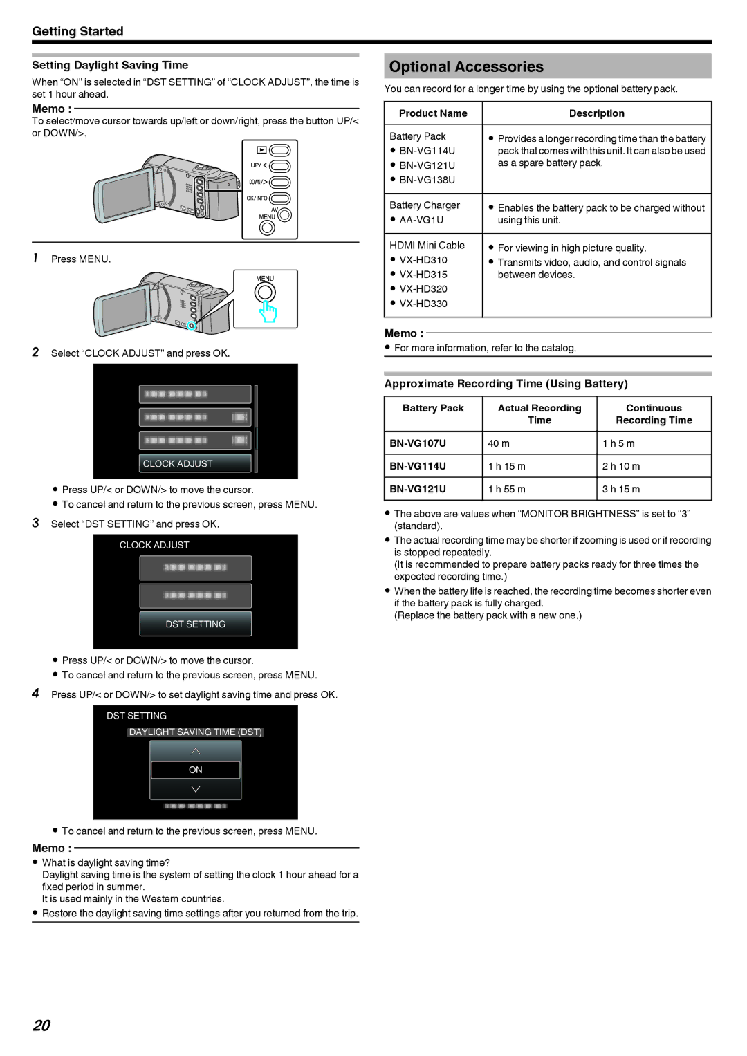 JVC GZ-E10, GZ-HM40 manual Optional Accessories, Setting Daylight Saving Time, Approximate Recording Time Using Battery 