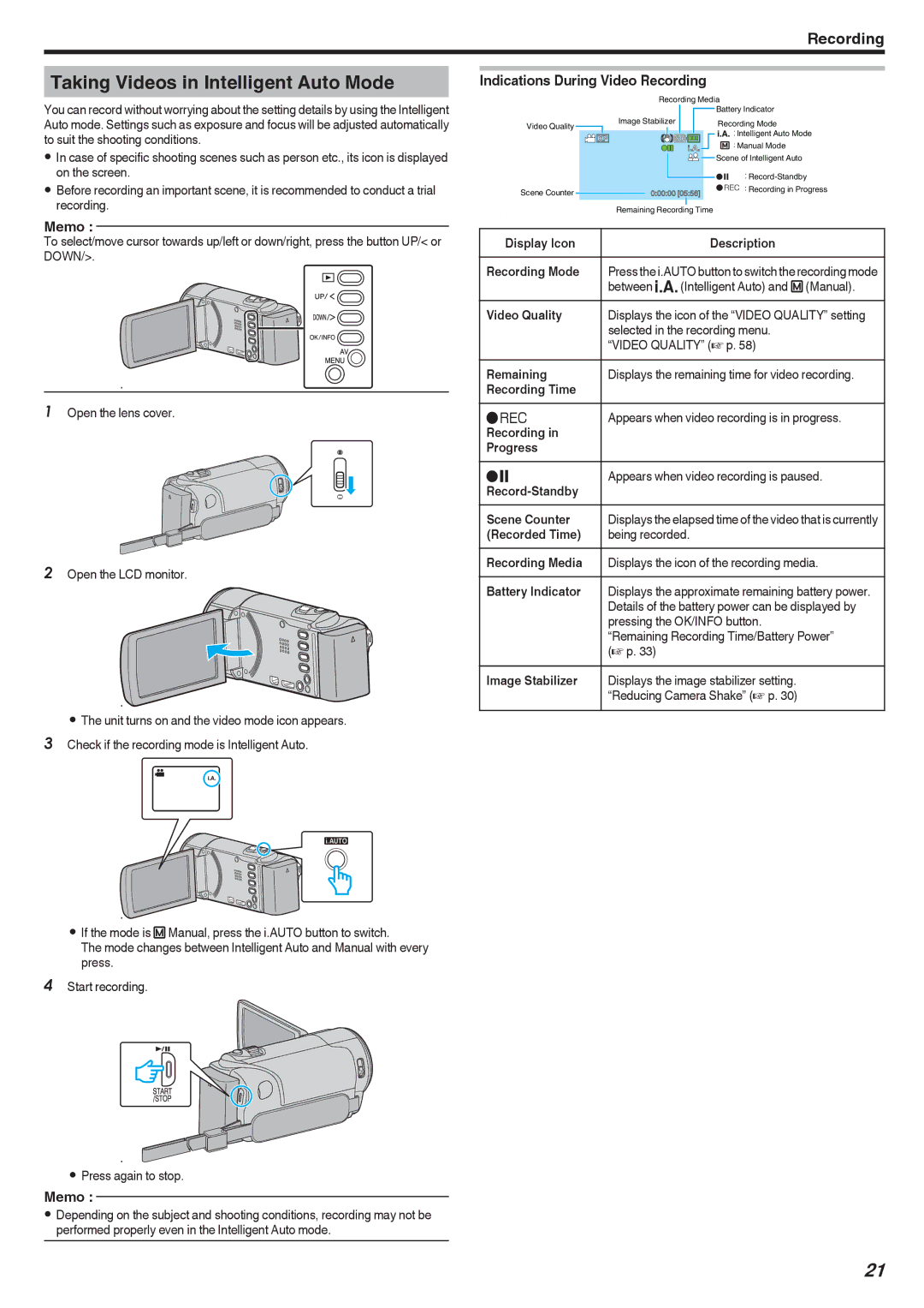 JVC GZ-HM40, GZ-E10 manual Taking Videos in Intelligent Auto Mode, Indications During Video Recording 