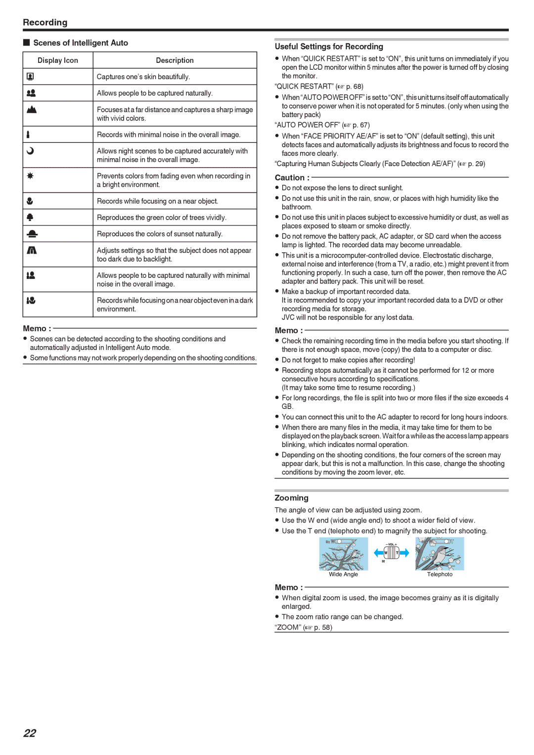 JVC GZ-E10, GZ-HM40 manual Scenes of Intelligent Auto, Useful Settings for Recording, Zooming 