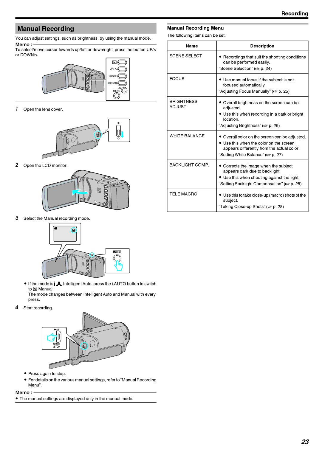 JVC GZ-HM40, GZ-E10 manual Manual Recording Menu, Name Description 