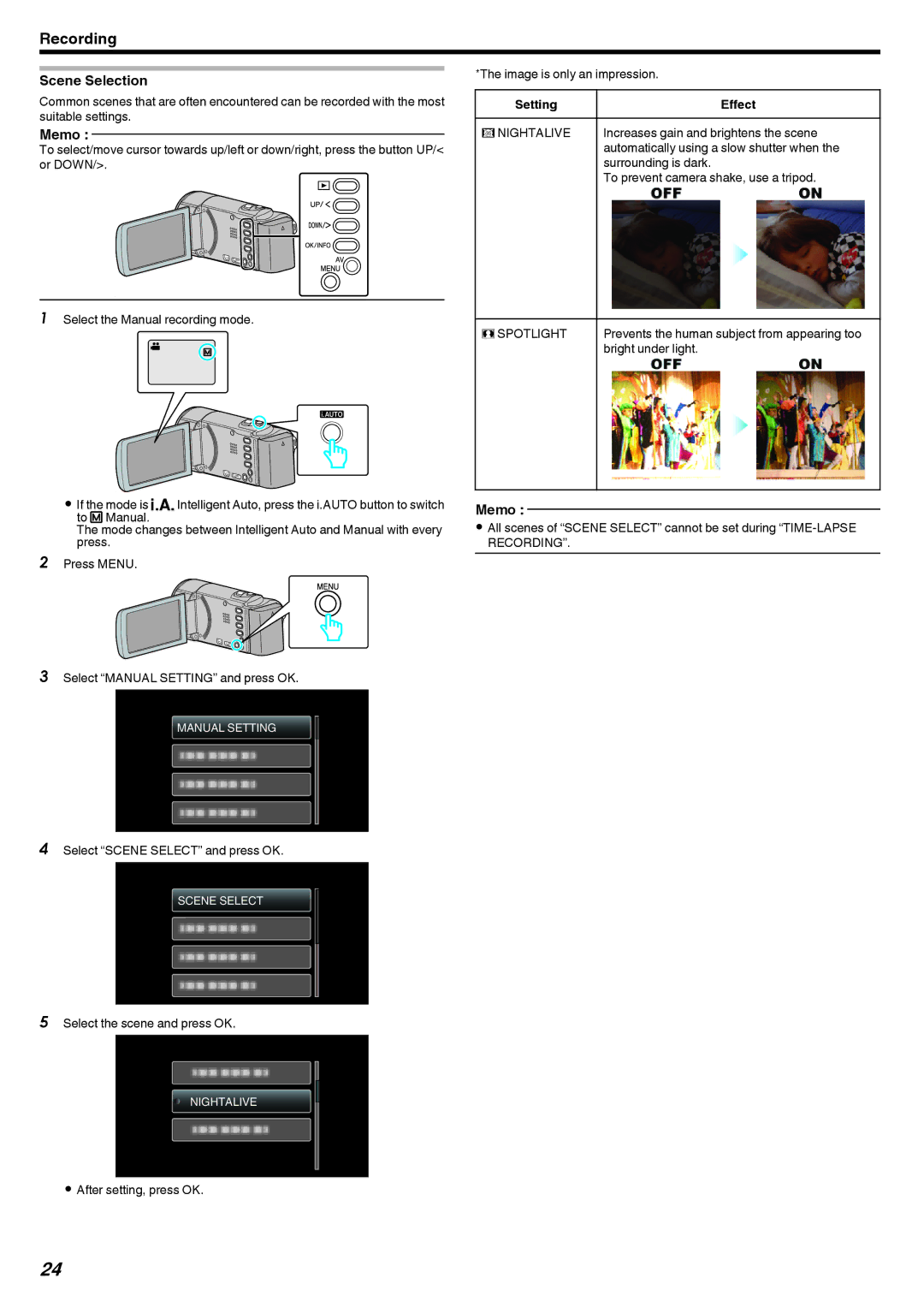 JVC GZ-E10, GZ-HM40 manual Scene Selection, Setting Effect 