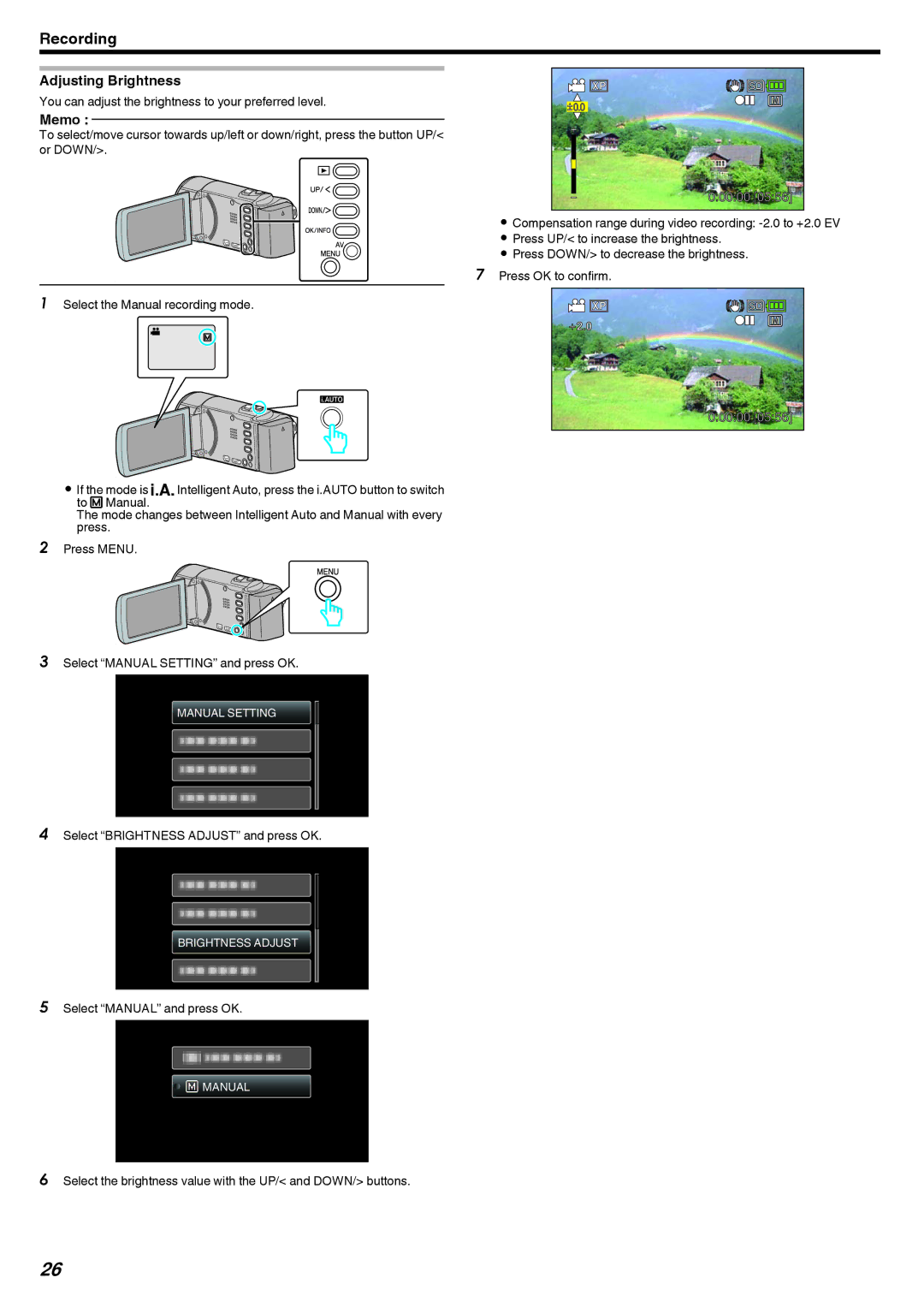 JVC GZ-E10, GZ-HM40 manual Adjusting Brightness 