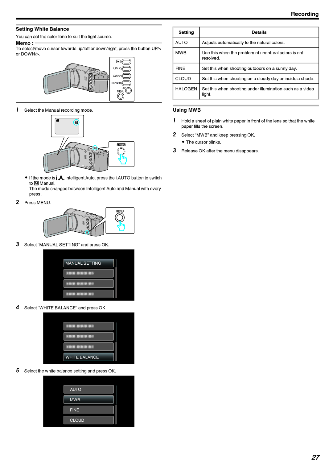 JVC GZ-HM40, GZ-E10 manual Setting White Balance, Using MWB, Setting Details 