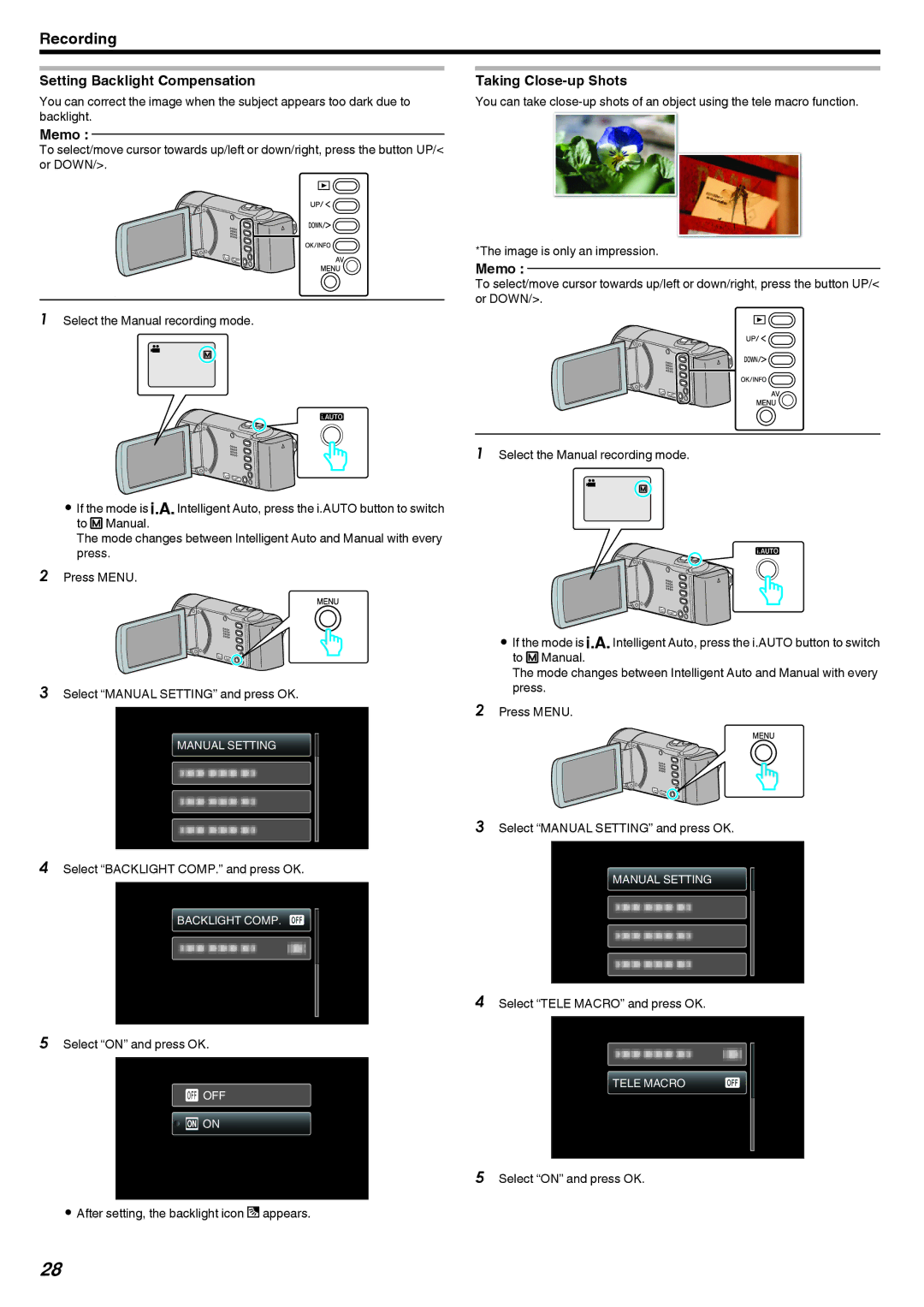 JVC GZ-E10, GZ-HM40 manual Setting Backlight Compensation, Taking Close-up Shots 