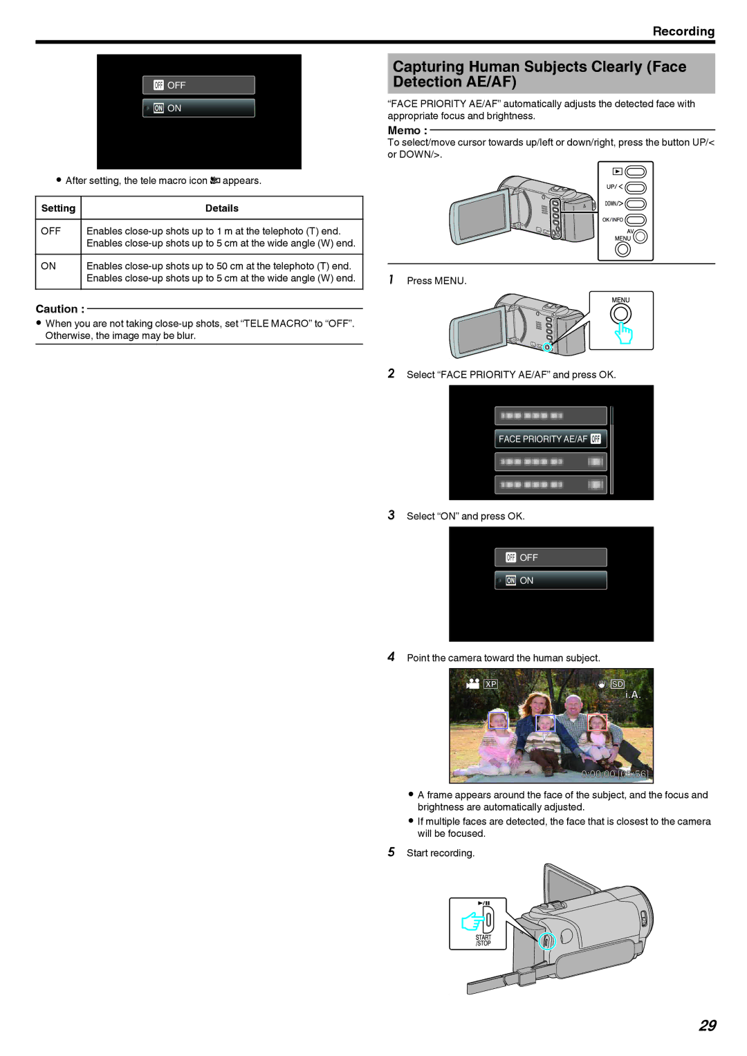 JVC GZ-HM40, GZ-E10 manual Capturing Human Subjects Clearly Face Detection AE/AF, Off 