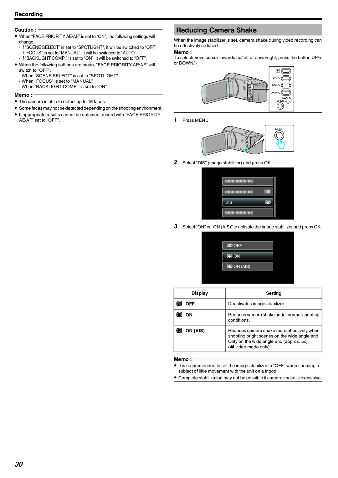 JVC GZ-E10, GZ-HM40 manual Reducing Camera Shake 