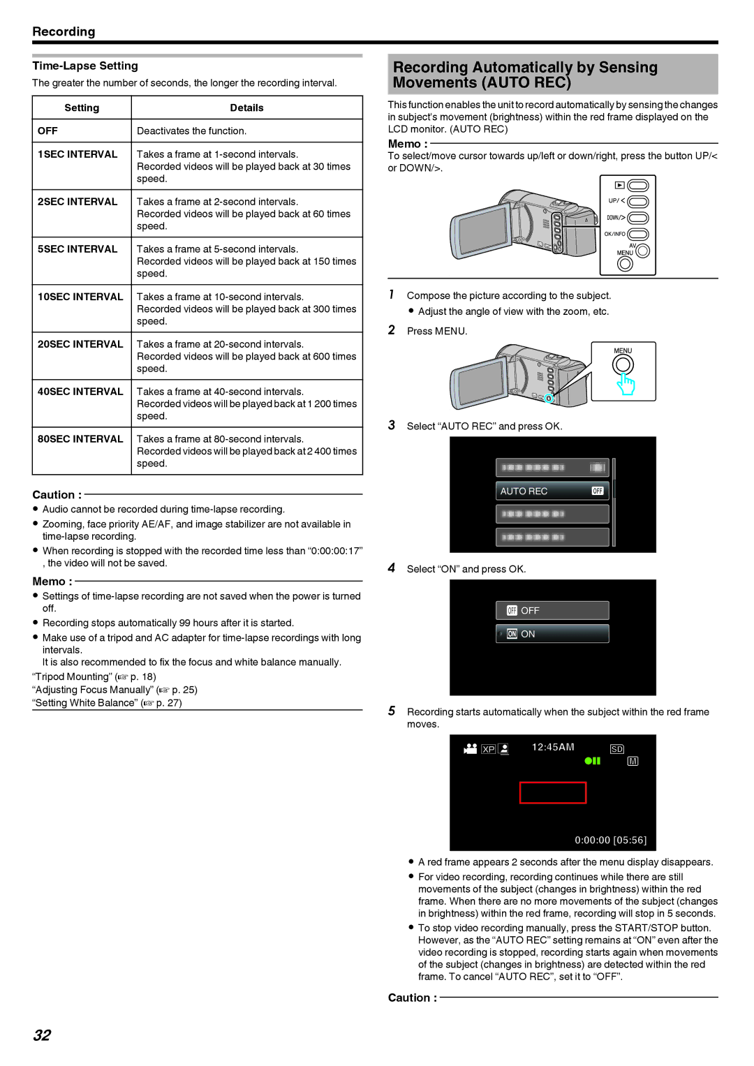 JVC GZ-E10, GZ-HM40 manual Recording Automatically by Sensing Movements Auto REC, Time-Lapse Setting, 00000 