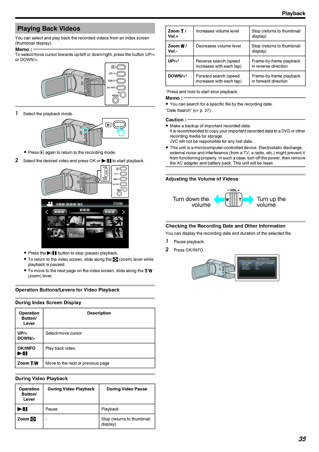 JVC GZ-HM40, GZ-E10 manual Playing Back Videos, During Video Playback, Adjusting the Volume of Videos 