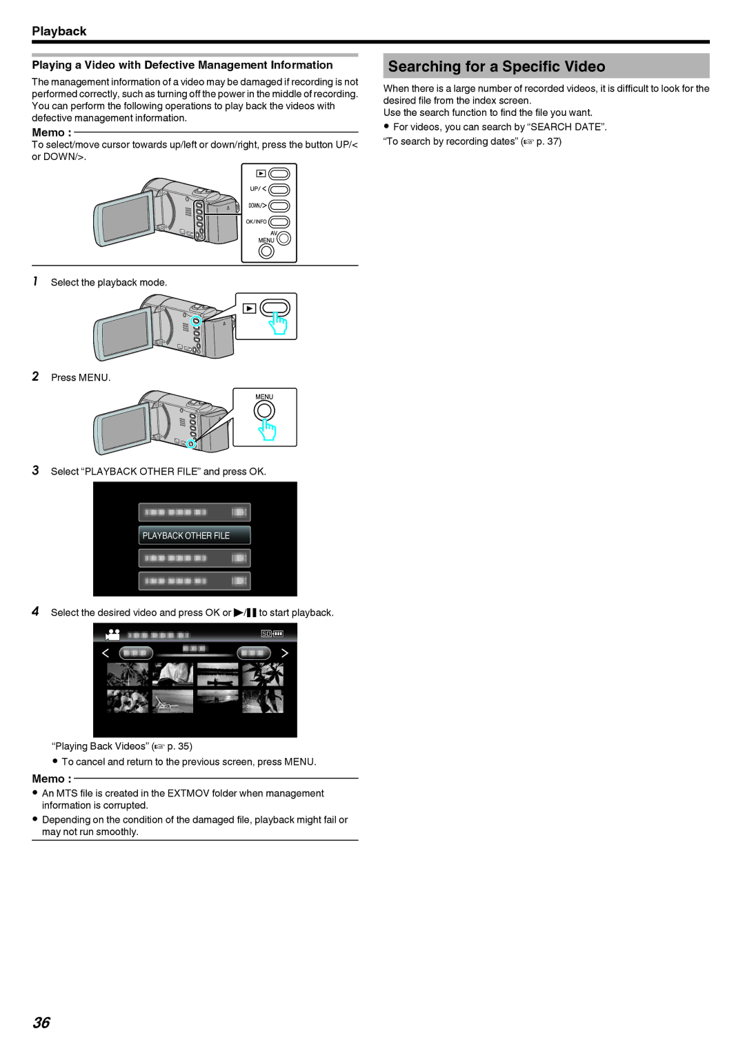 JVC GZ-E10, GZ-HM40 manual Searching for a Specific Video, Playing a Video with Defective Management Information 