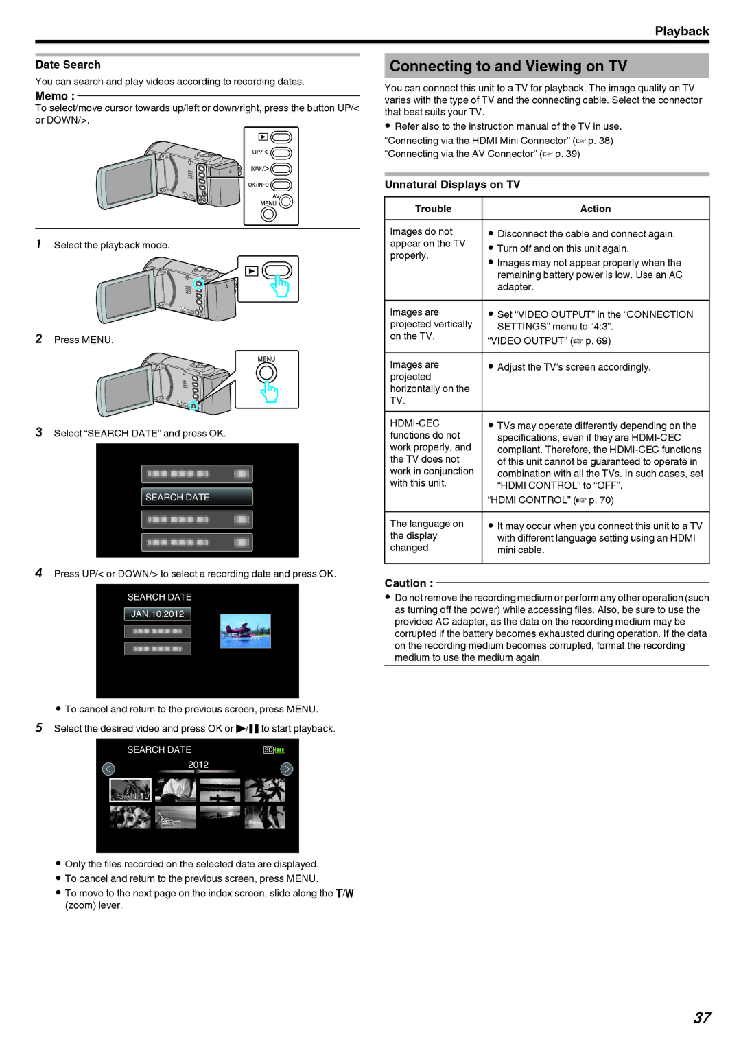 JVC GZ-HM40, GZ-E10 manual Connecting to and Viewing on TV, Date Search, Unnatural Displays on TV, Trouble Action, Hdmi-Cec 