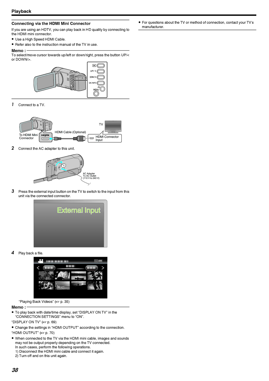 JVC GZ-E10, GZ-HM40 manual External Input, Connecting via the Hdmi Mini Connector 