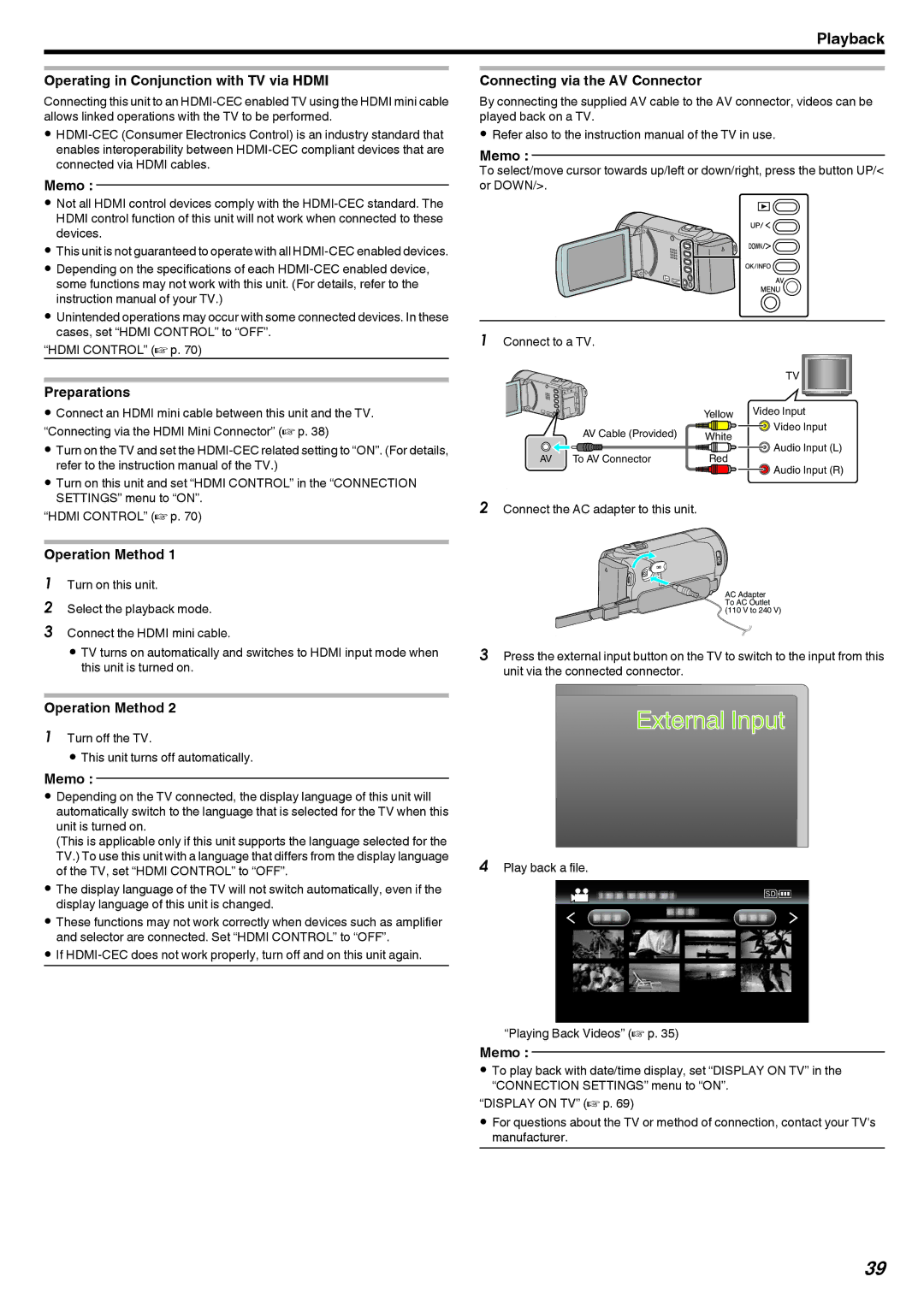 JVC GZ-HM40 Operating in Conjunction with TV via Hdmi, Preparations, Operation Method, Connecting via the AV Connector 