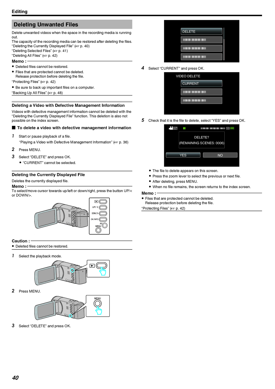 JVC GZ-E10, GZ-HM40 manual Deleting Unwanted Files, Deleting a Video with Defective Management Information 