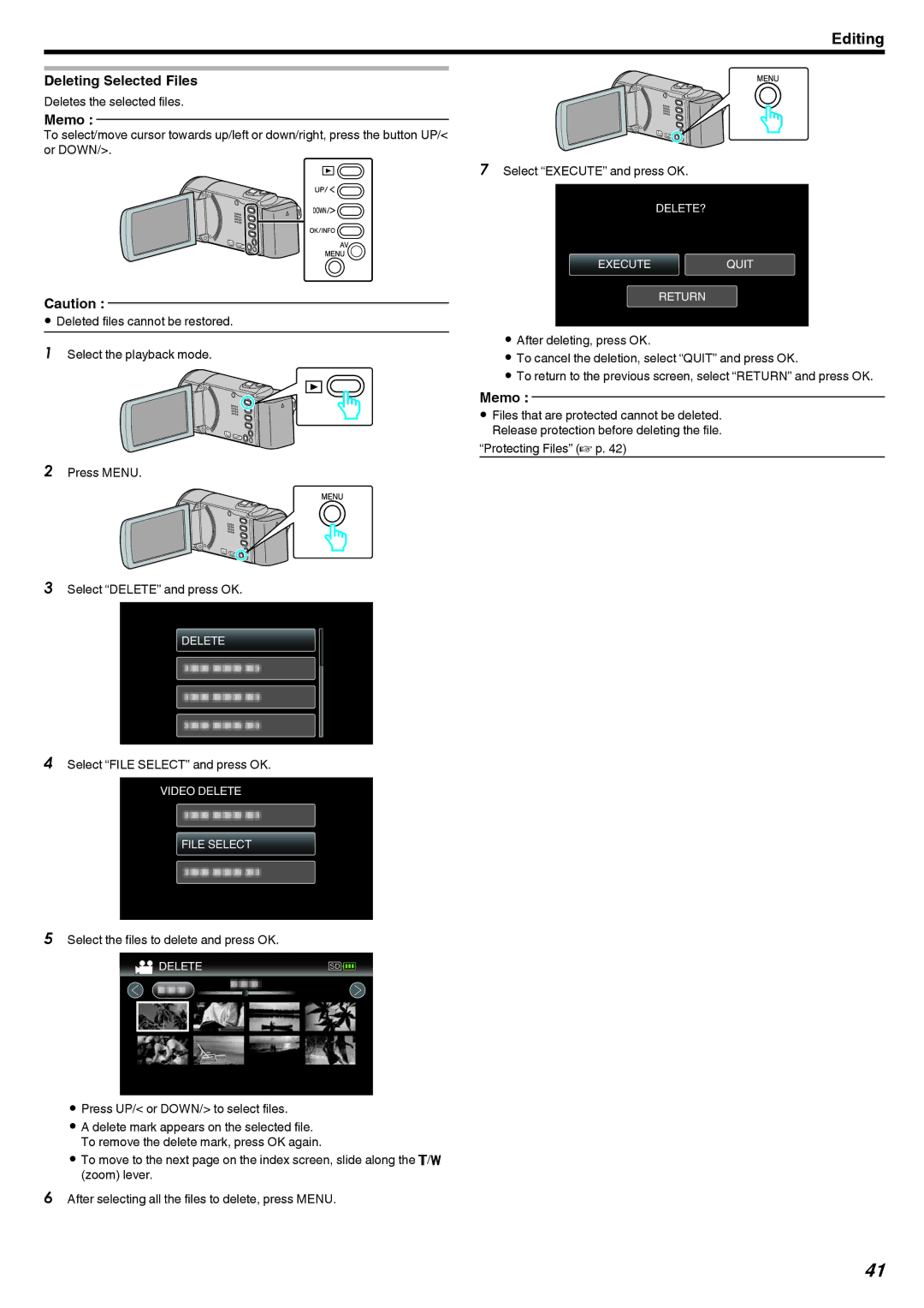 JVC GZ-HM40, GZ-E10 manual Deleting Selected Files 