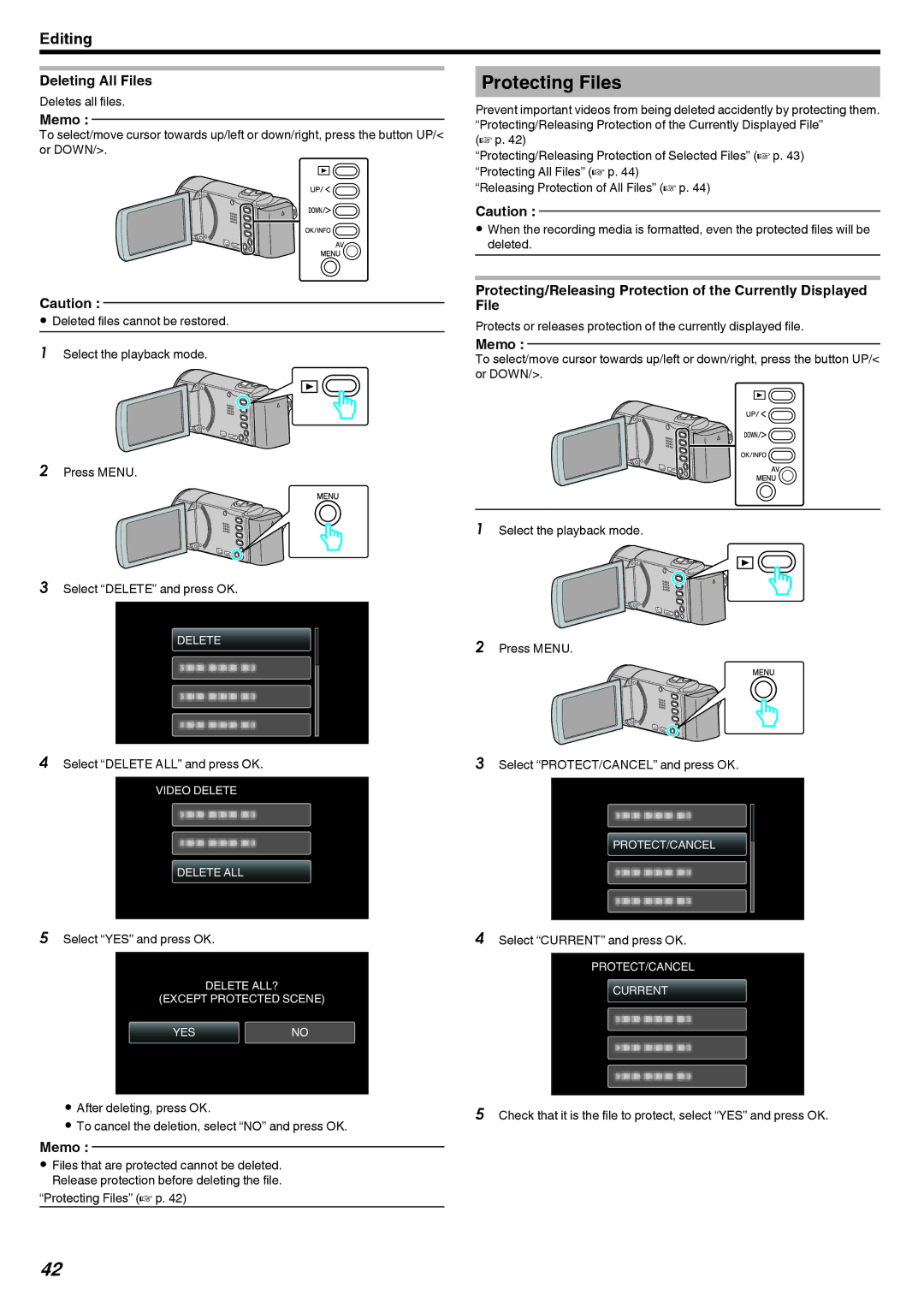 JVC GZ-E10, GZ-HM40 manual Protecting Files, Deleting All Files 