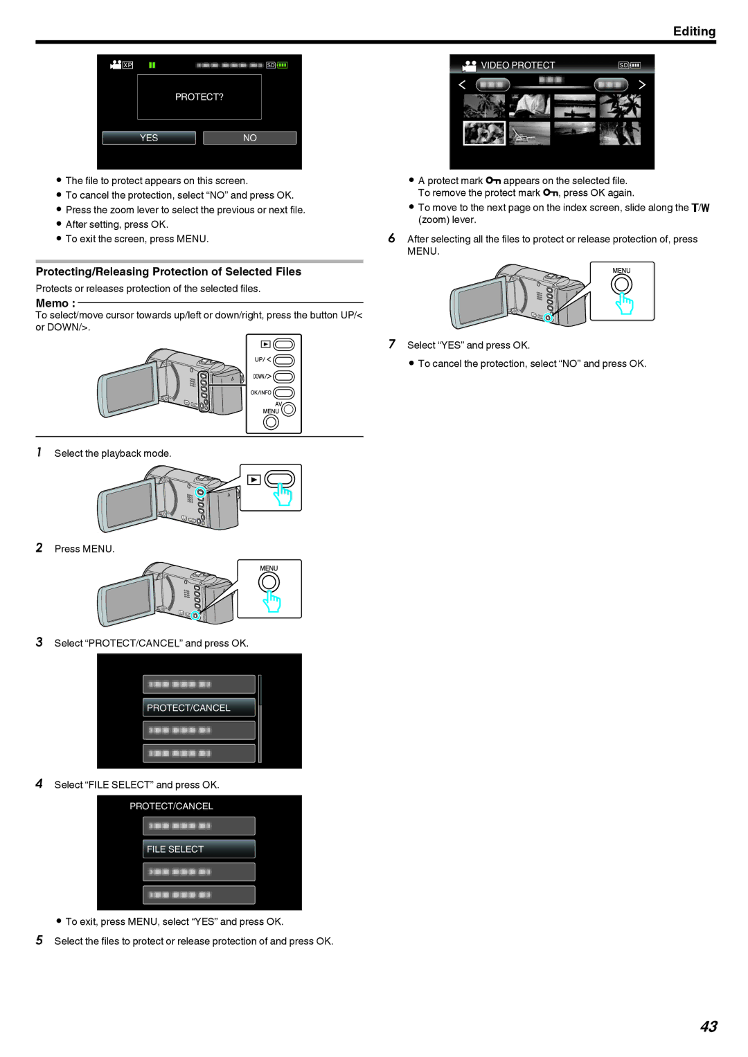 JVC GZ-HM40, GZ-E10 manual Protecting/Releasing Protection of Selected Files 