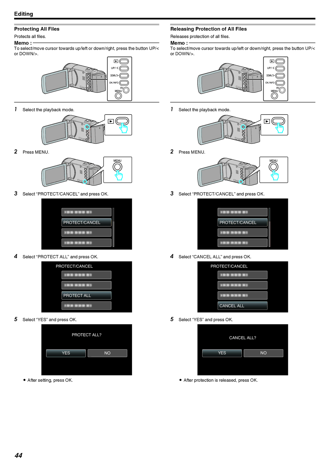 JVC GZ-E10, GZ-HM40 manual Protecting All Files, Releasing Protection of All Files 