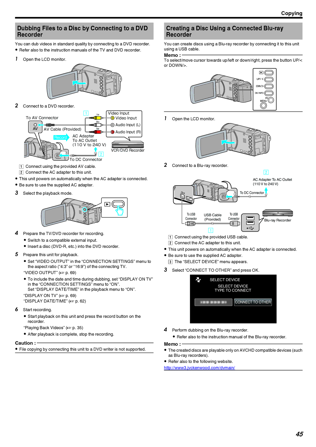 JVC GZ-HM40 Dubbing Files to a Disc by Connecting to a DVD Recorder, Creating a Disc Using a Connected Blu-ray Recorder 