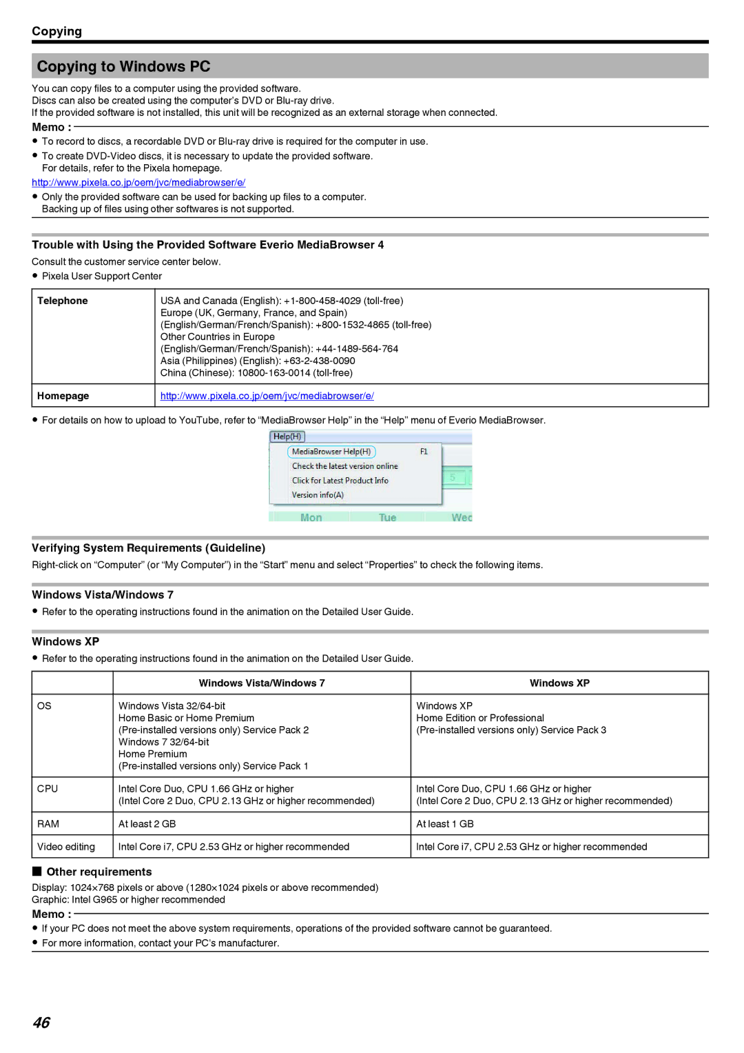 JVC GZ-E10, GZ-HM40 manual Copying to Windows PC, Verifying System Requirements Guideline, Windows Vista/Windows, Windows XP 