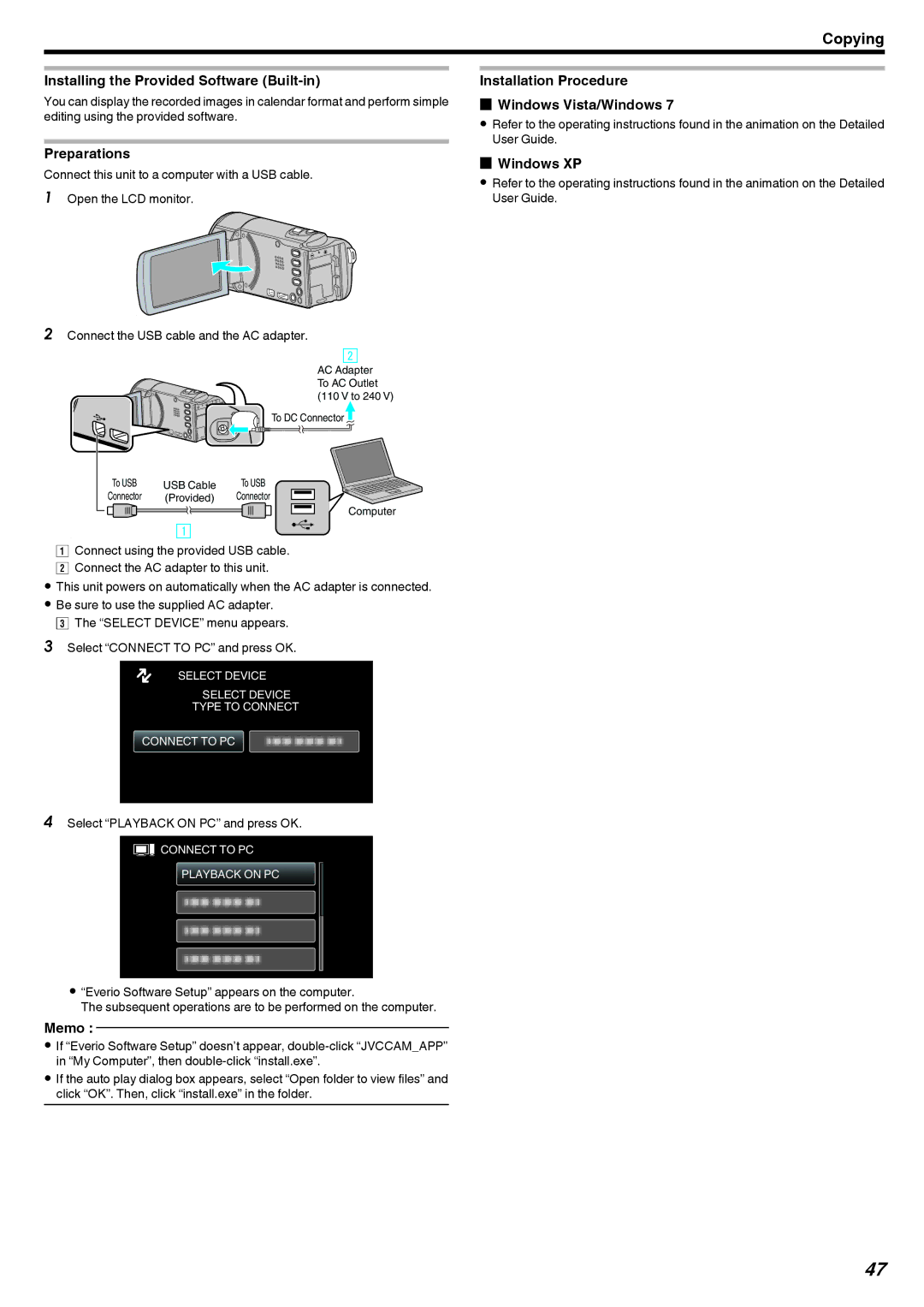 JVC GZ-HM40, GZ-E10 manual Installing the Provided Software Built-in, Installation Procedure Windows Vista/Windows 