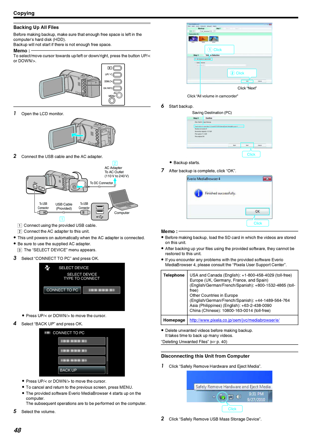 JVC GZ-E10, GZ-HM40 manual Backing Up All Files, Disconnecting this Unit from Computer 