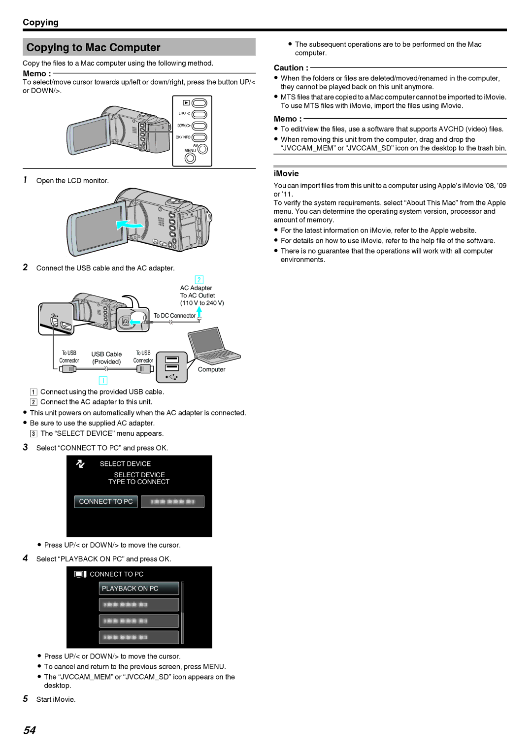 JVC GZ-E10, GZ-HM40 manual Copying to Mac Computer, IMovie 