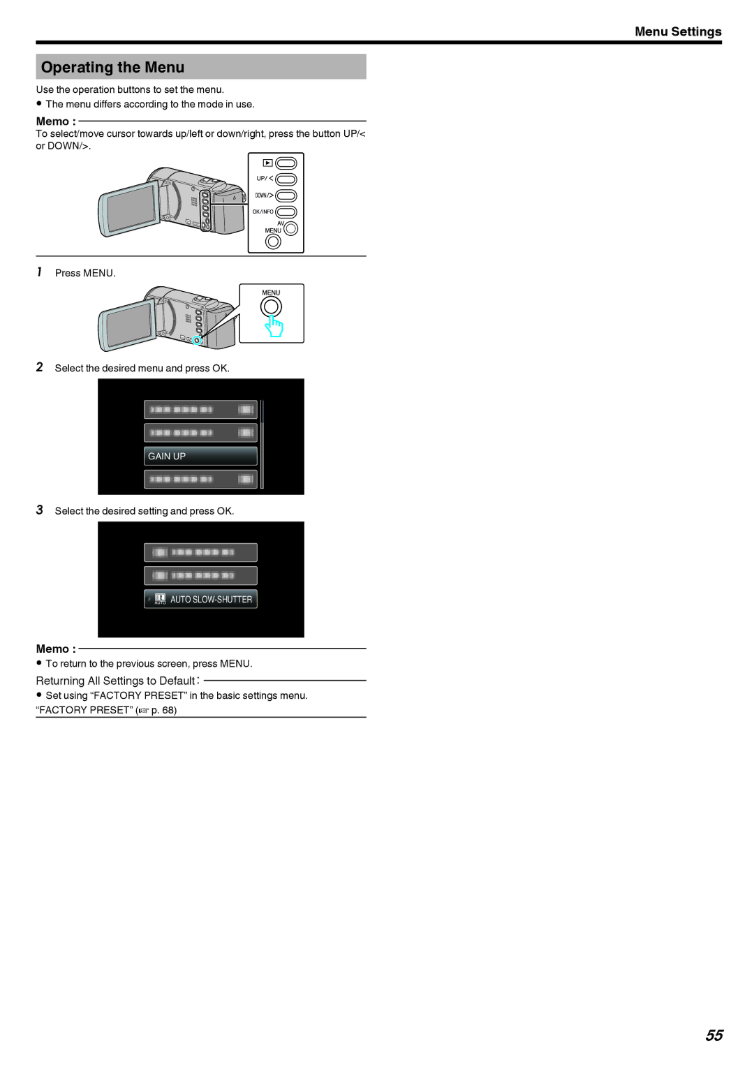 JVC GZ-HM40, GZ-E10 manual Operating the Menu 