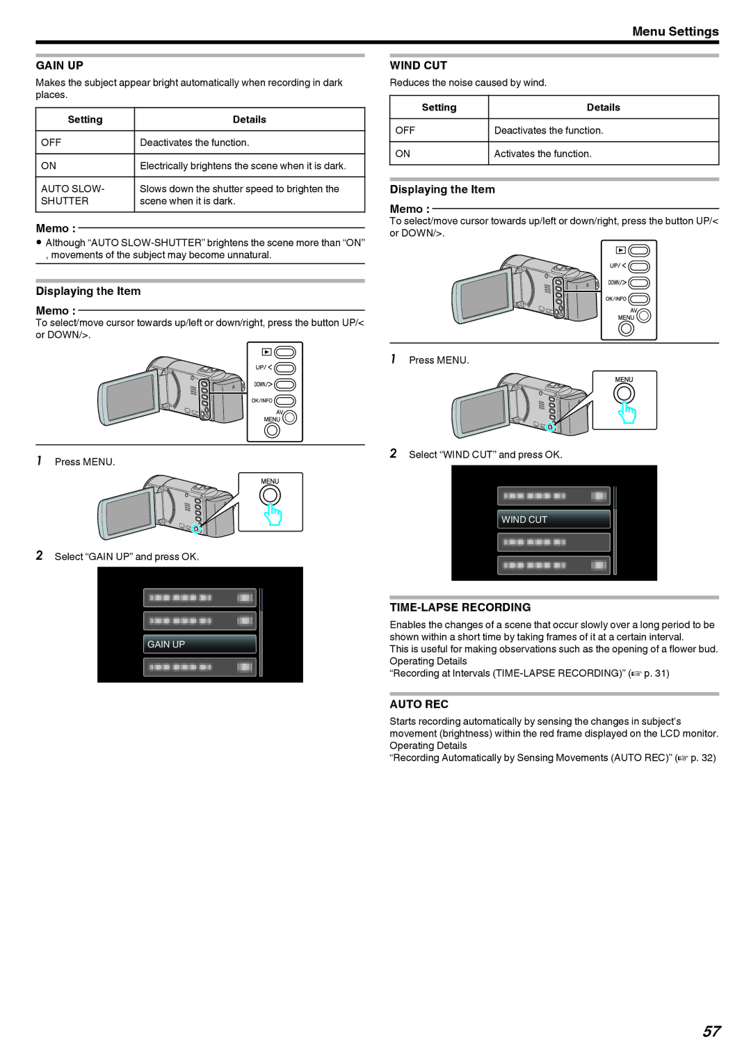 JVC GZ-HM40, GZ-E10 manual Gain UP, Displaying the Item Memo, Wind CUT, TIME-LAPSE Recording, Auto REC 