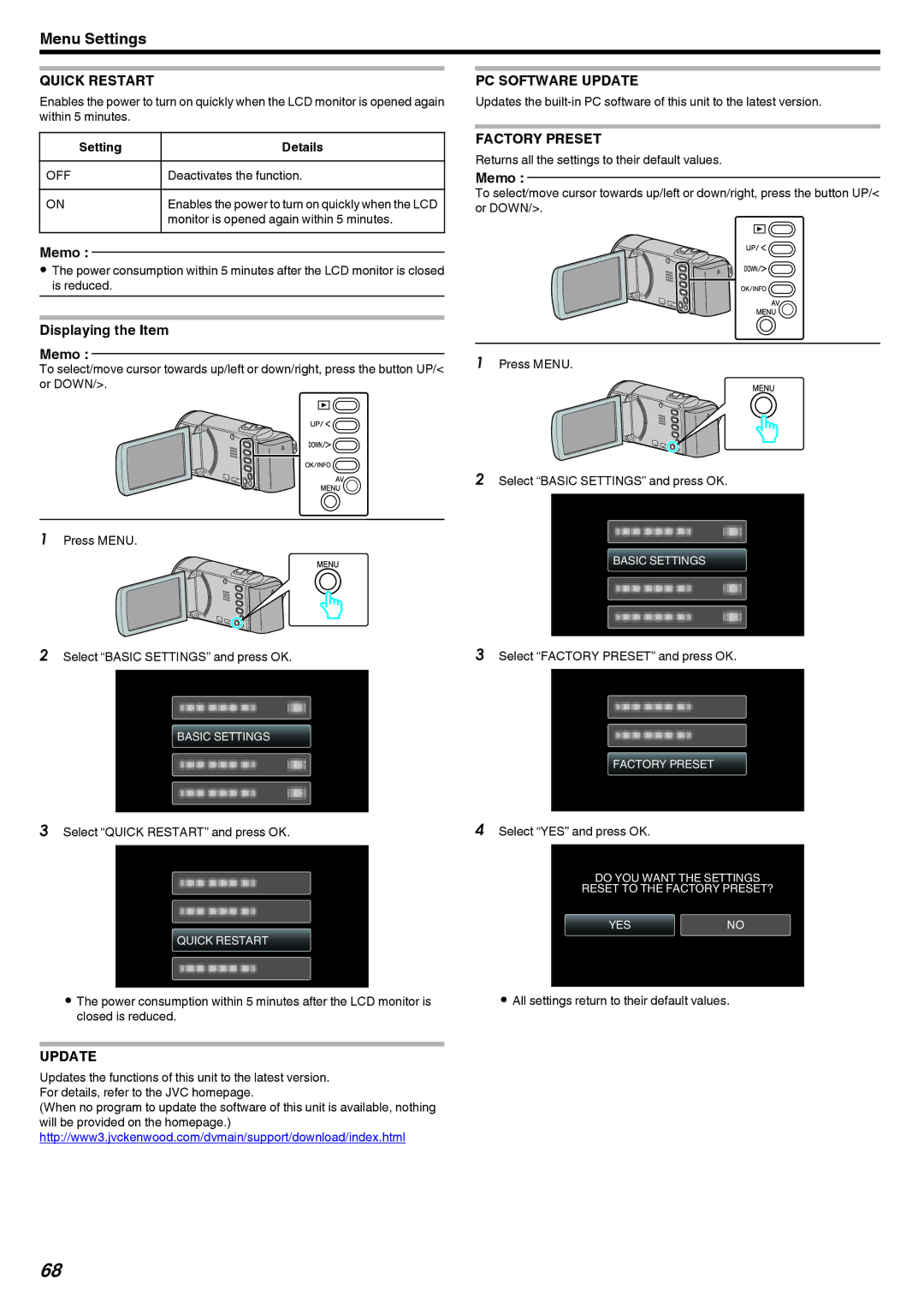 JVC GZ-E10, GZ-HM40 manual Quick Restart, PC Software Update, Factory Preset 