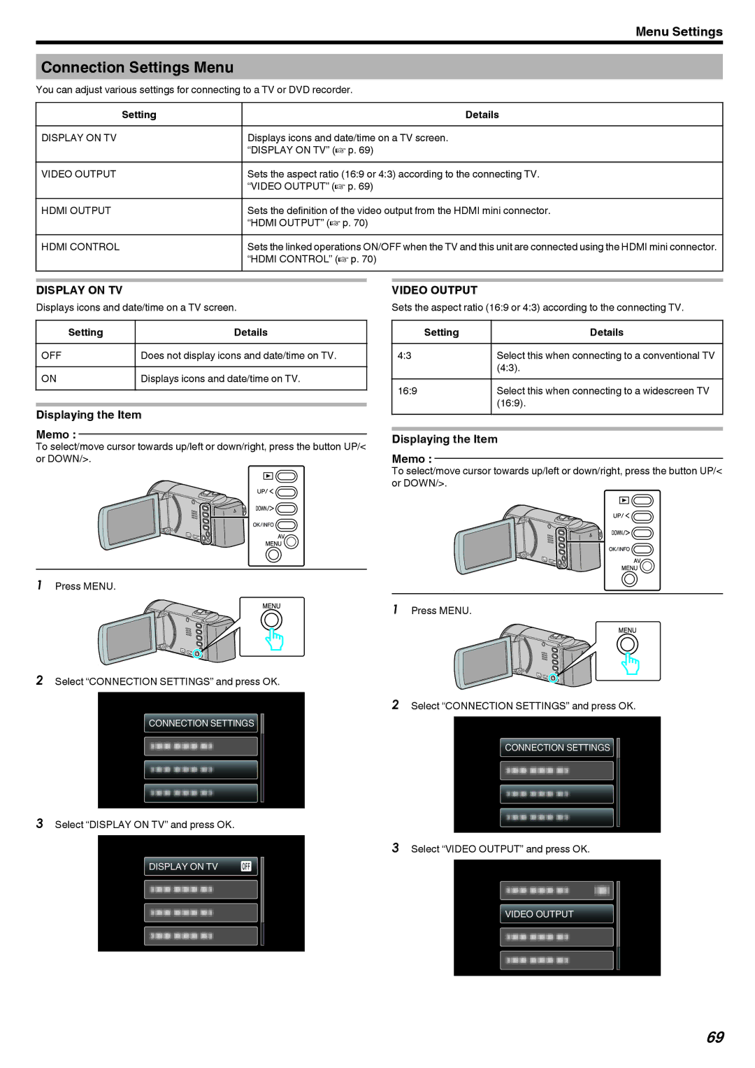 JVC GZ-HM40, GZ-E10 manual Connection Settings Menu, Display on TV, Video Output 