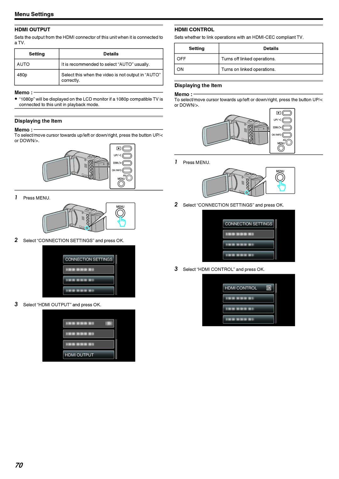 JVC GZ-E10, GZ-HM40 manual Hdmi Output, Hdmi Control 