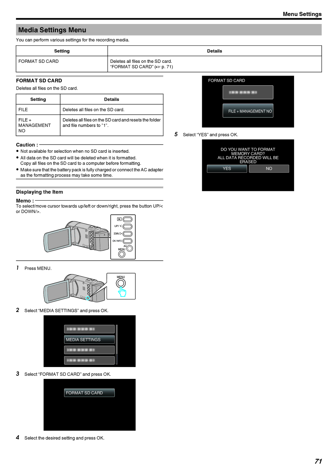 JVC GZ-HM40, GZ-E10 manual Media Settings Menu, Format SD Card 