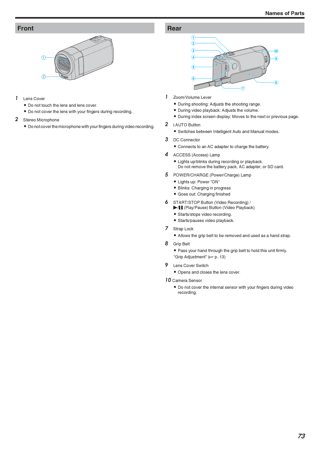 JVC GZ-HM40, GZ-E10 manual Front Rear 