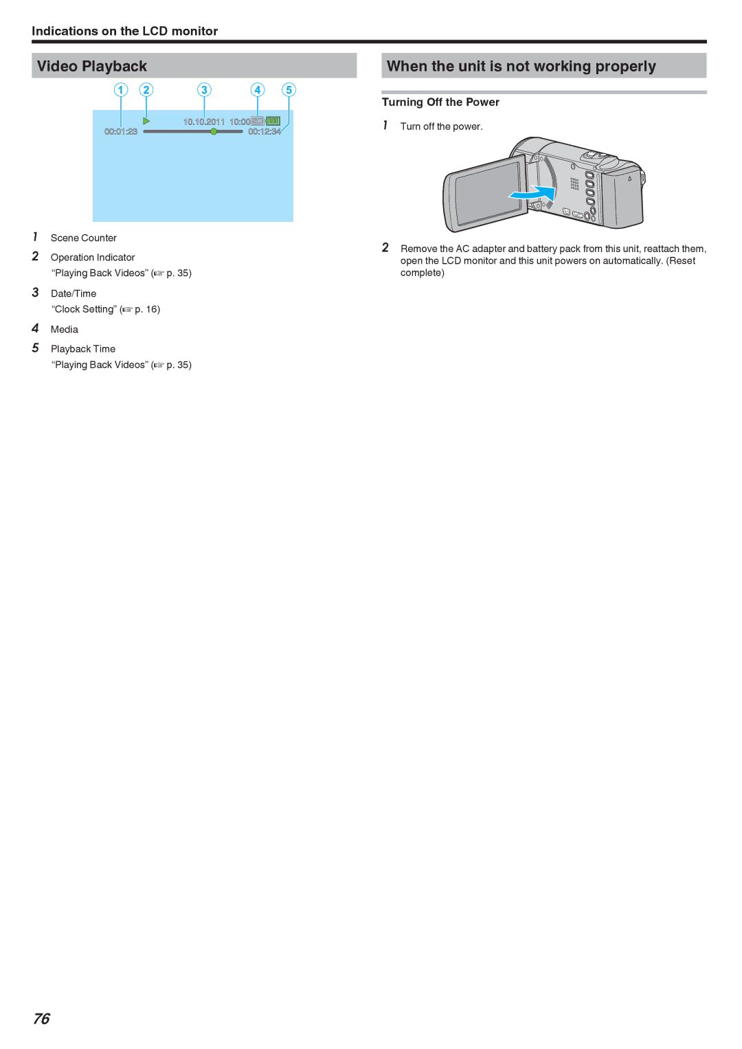 JVC GZ-E10, GZ-HM40 manual When the unit is not working properly, Turning Off the Power 