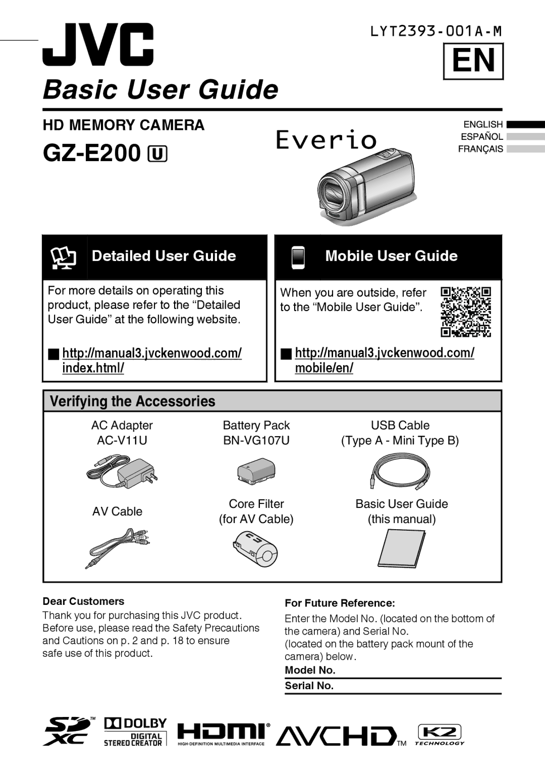 JVC manual GZ-E200 a, AC Adapter, USB Cable, AC-V11U BN-VG107U, AV Cable Core Filter 