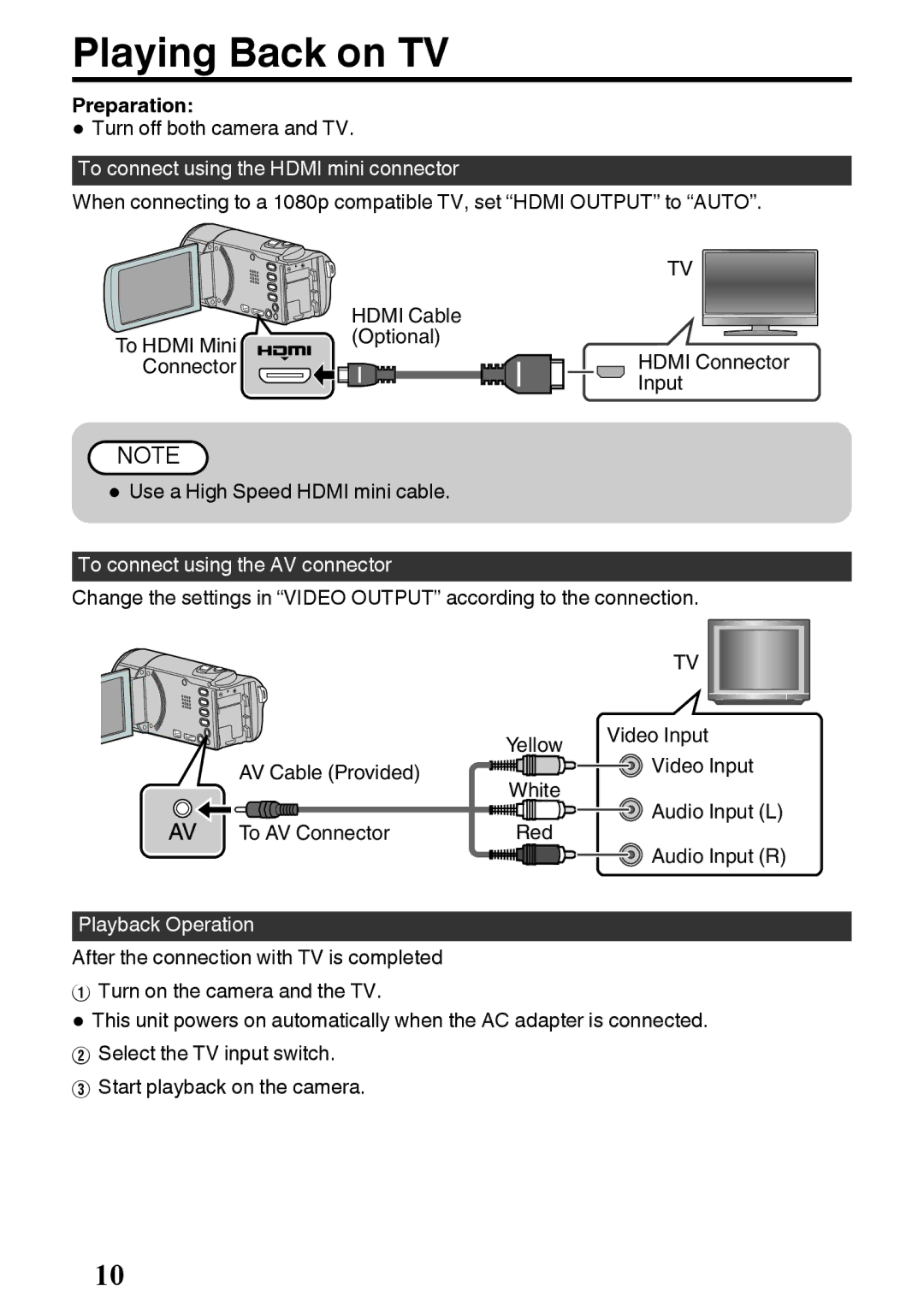 JVC GZ-E200 Playing Back on TV, Turn off both camera and TV, To connect using the Hdmi mini connector, Playback Operation 