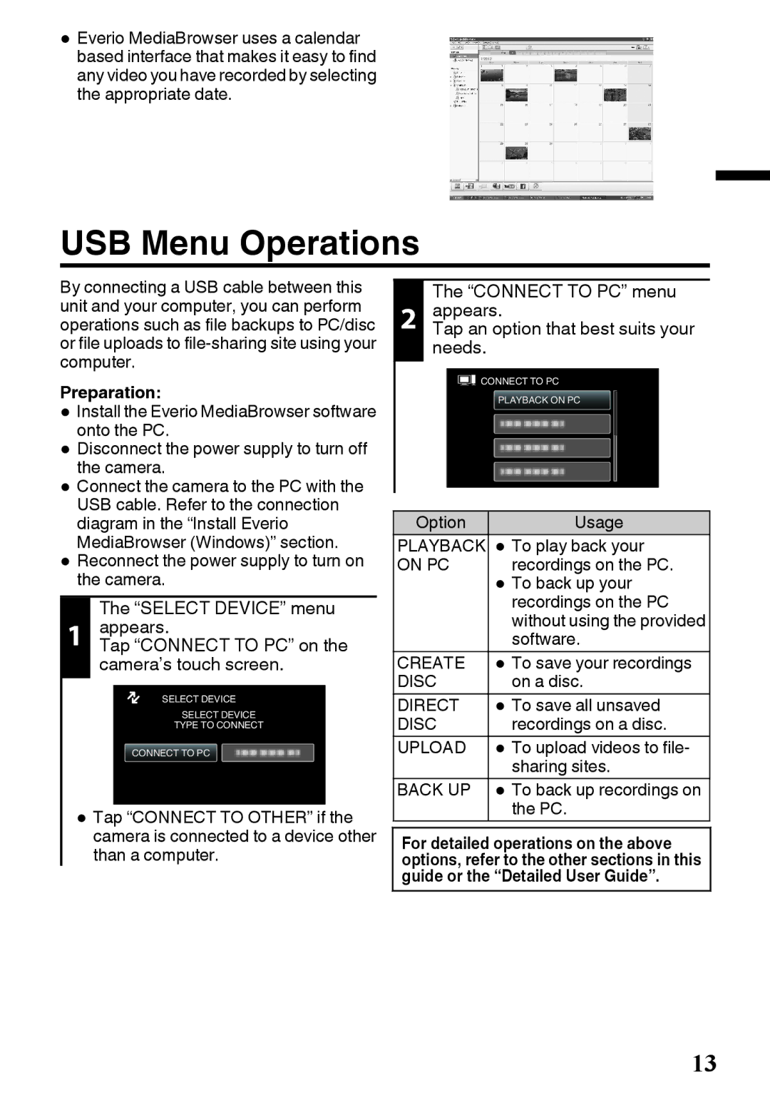 JVC GZ-E200 manual USB Menu Operations 