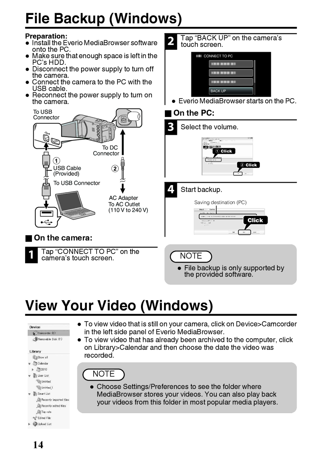 JVC GZ-E200 manual File Backup Windows, View Your Video Windows, Touch screen, Start backup 