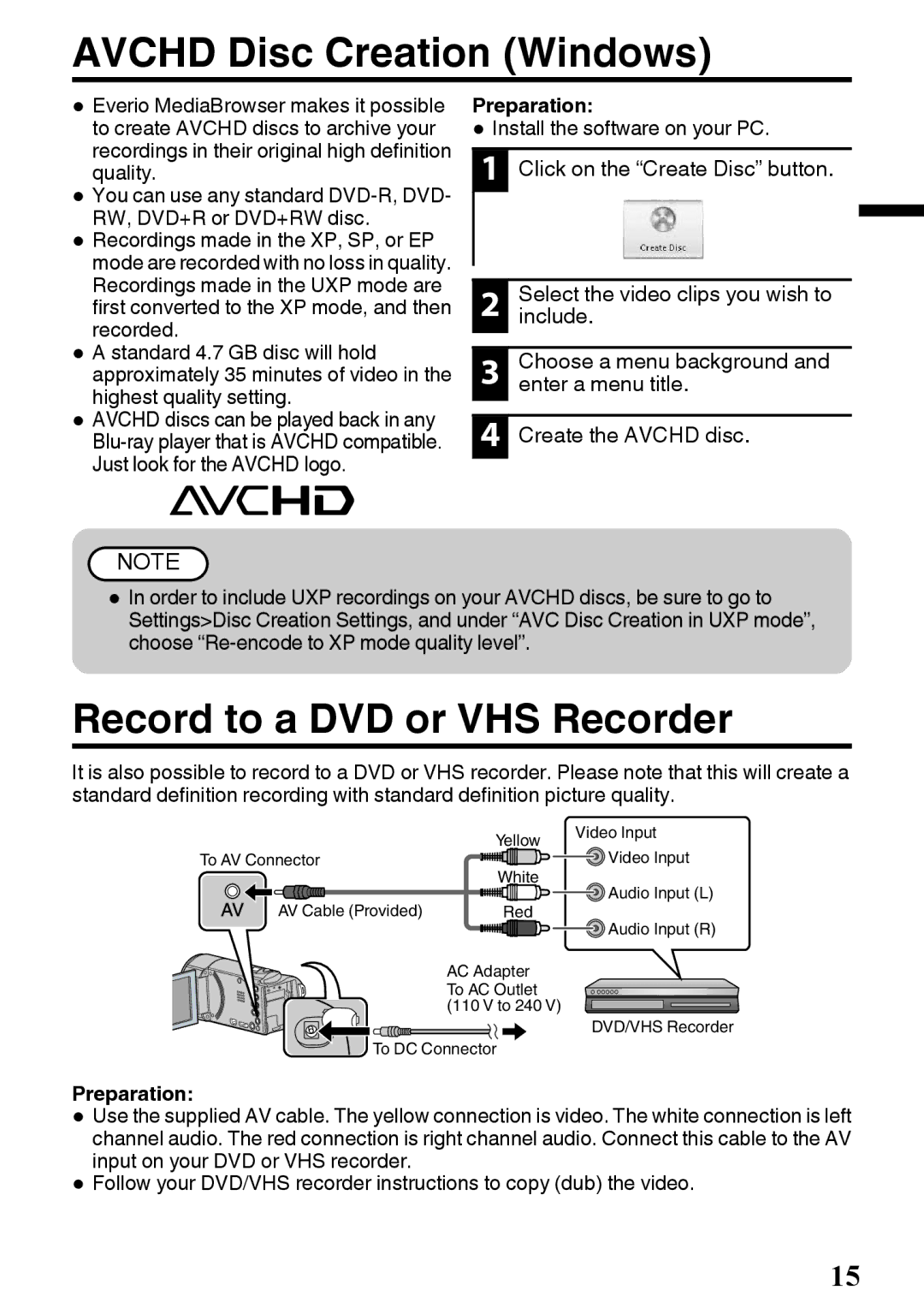 JVC GZ-E200 manual Avchd Disc Creation Windows, Record to a DVD or VHS Recorder 