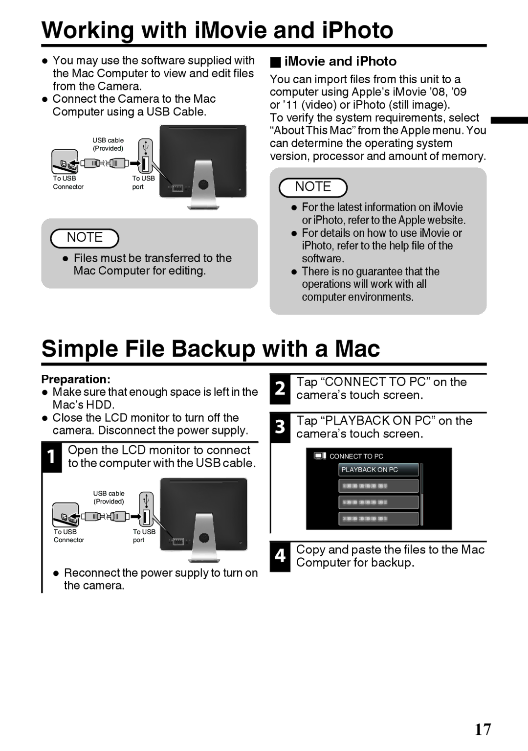 JVC GZ-E200 manual Working with iMovie and iPhoto, Simple File Backup with a Mac, OiMovie and iPhoto 