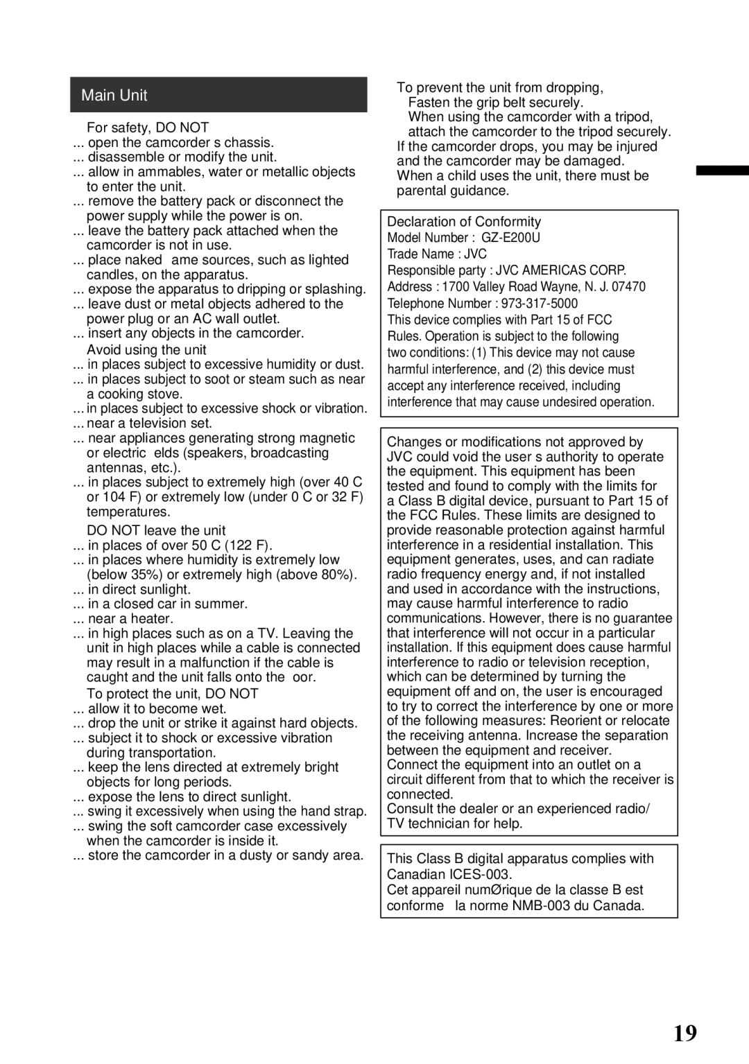 JVC GZ-E200 manual For safety, do not, Avoid using the unit, Do not leave the unit, To protect the unit, do not 